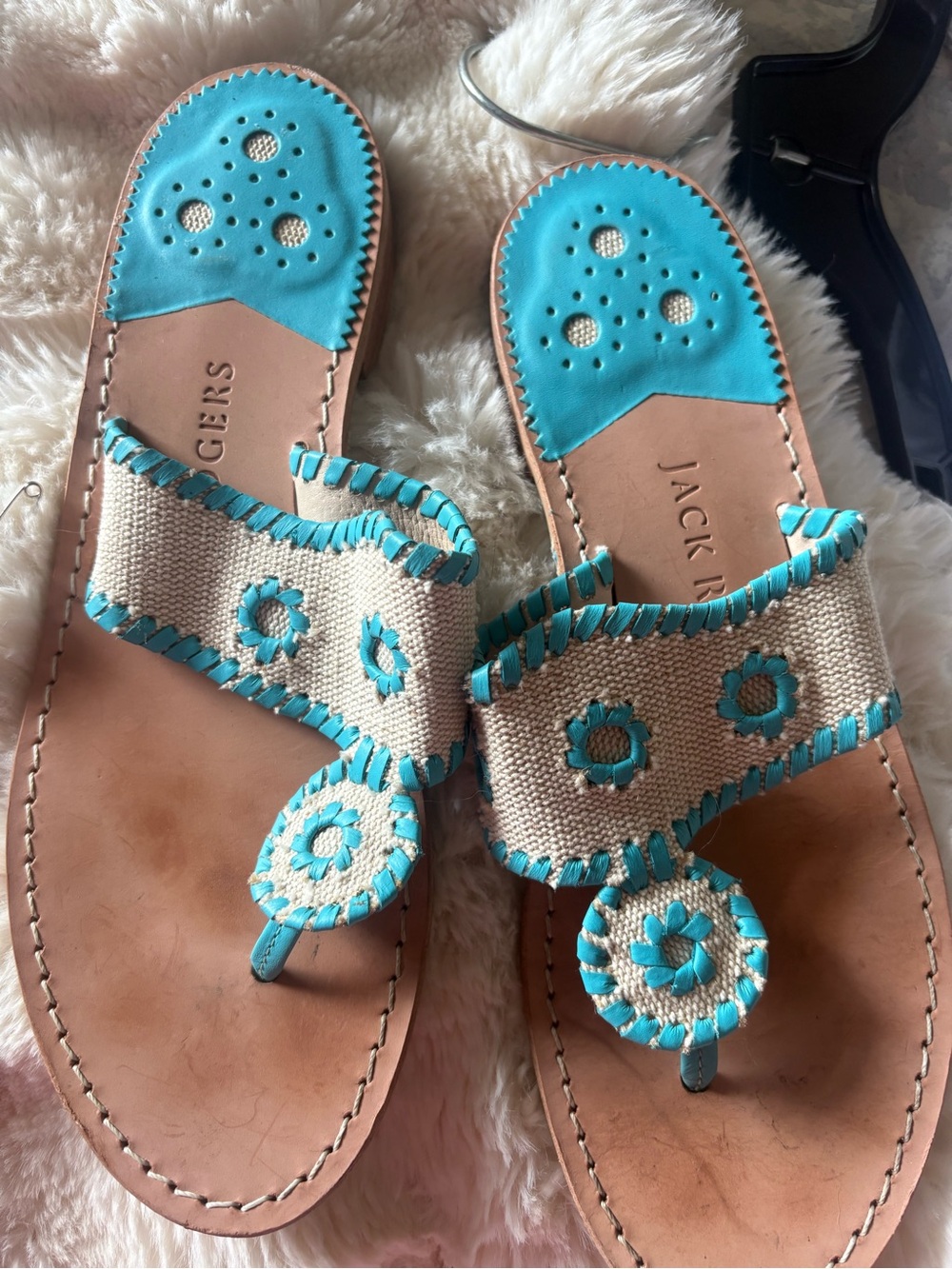 Jack Rogers Natural Woven Sandals with Turquoise Trim